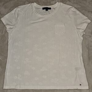 Tommy Hilfiger Women’s XL White Textured Floral Pocket T-Shirt Sleeve Casual Tee